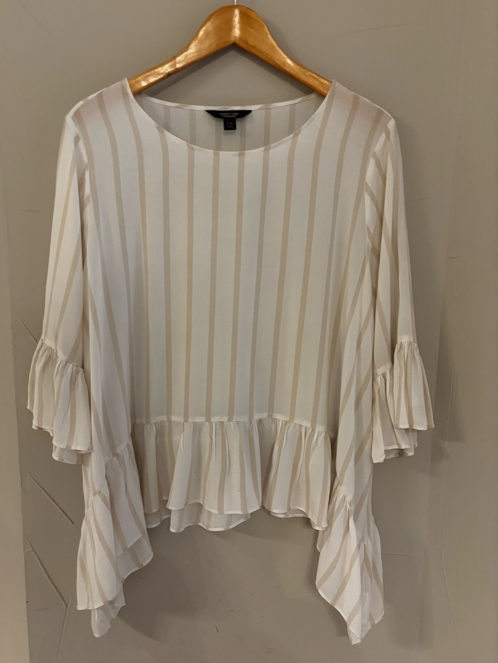 Simply Vera Vera Wang Cream and Beige Striped Ruffle-Hem Tunic